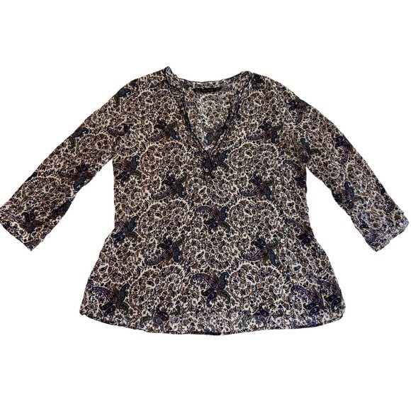 Zara Basic Paisley Print‎ 3/4 Sleeve V Neck Top Blouse Women's Size Small - Picture 1 of 10